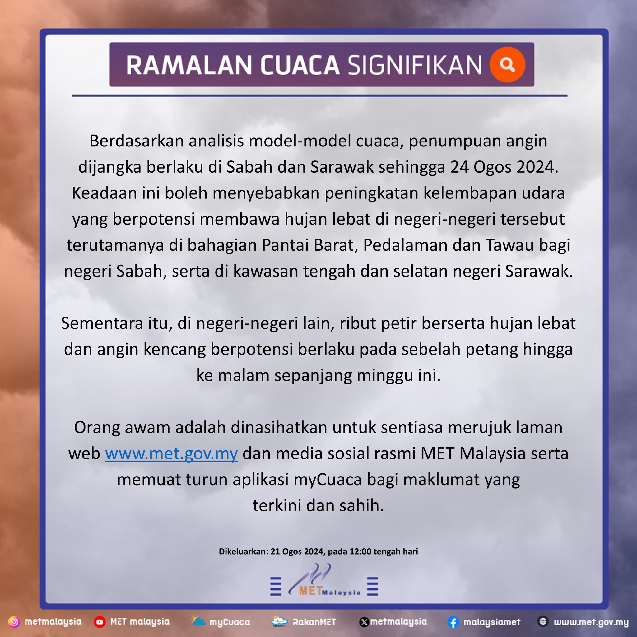 Amaran Cuaca Buruk: MetMalaysia Ramal Hujan Lebat di Semenanjung, Sabah, dan Sarawak Sepanjang Minggu Ini