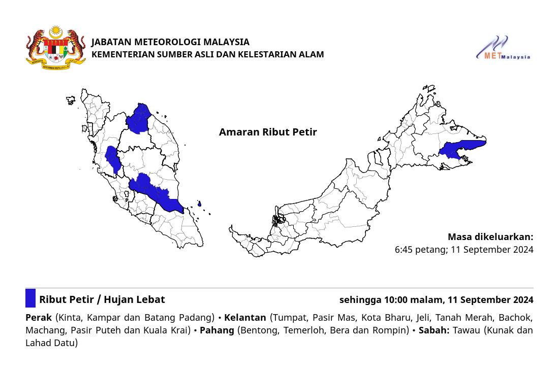 Amaran Ribut Petir: Hujan Lebat dan Angin Kencang Dijangka Melanda Beberapa Negeri